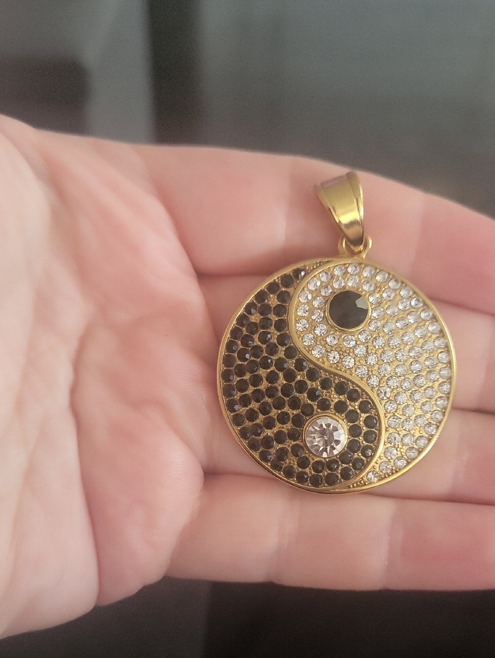 Large Gold Yin Yang Crystal Pendant Necklace - Black & Clear Stones